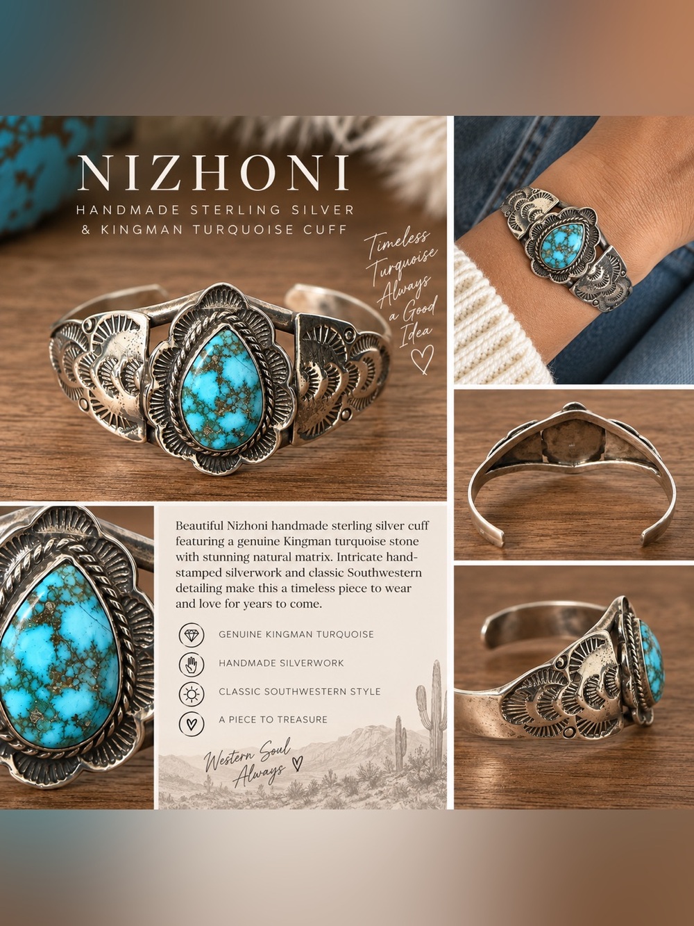 Nizhoni Handmade Sterling Silver Kingman Turquoise Cuff Bracelet